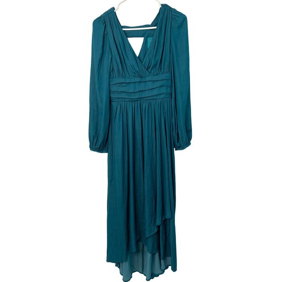 Anthropologie Teal Wrap High Low Long-Sleeve V-Neck Midi Dress Size 0 7518 - Picture 3 of 15